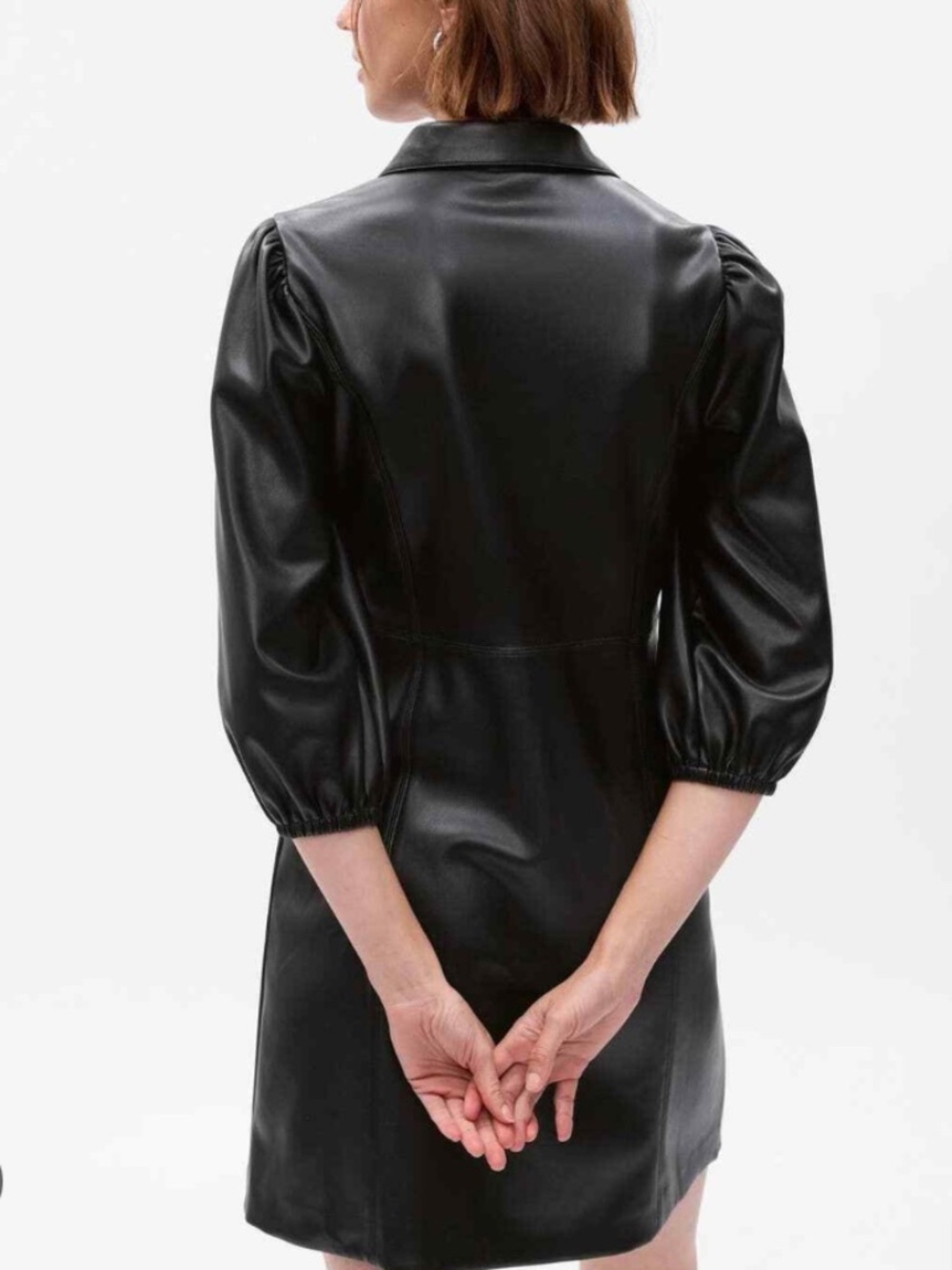 Gap Faux Leather Shirt Dress – Puff Sleeve, Black, Mini